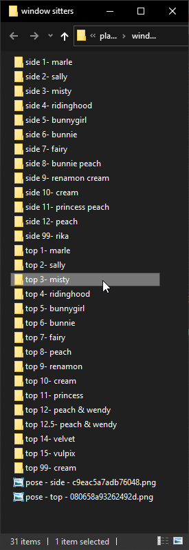 A list of folders. Each one with reference pictures of a character and a pose.