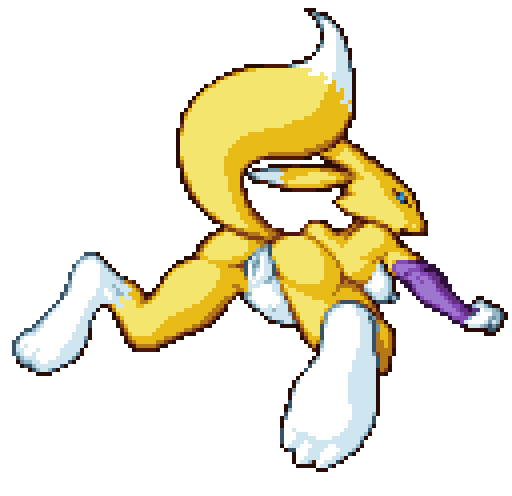 This is a sprite of Renamon on all-fours, lifting her pussy and looking back at you.